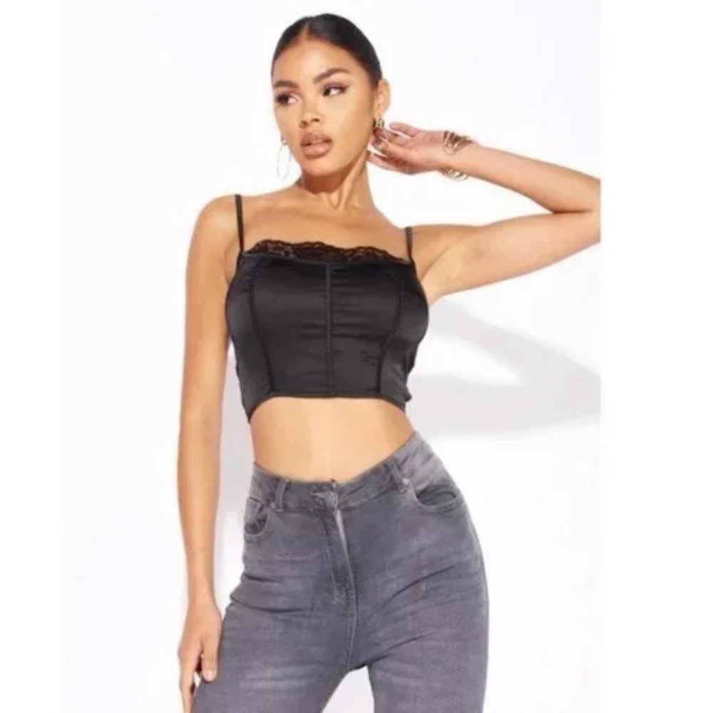 Black Satin Silk Lace Trim Sleeveless Square Neck Crop Top - Picture 11 of 17
